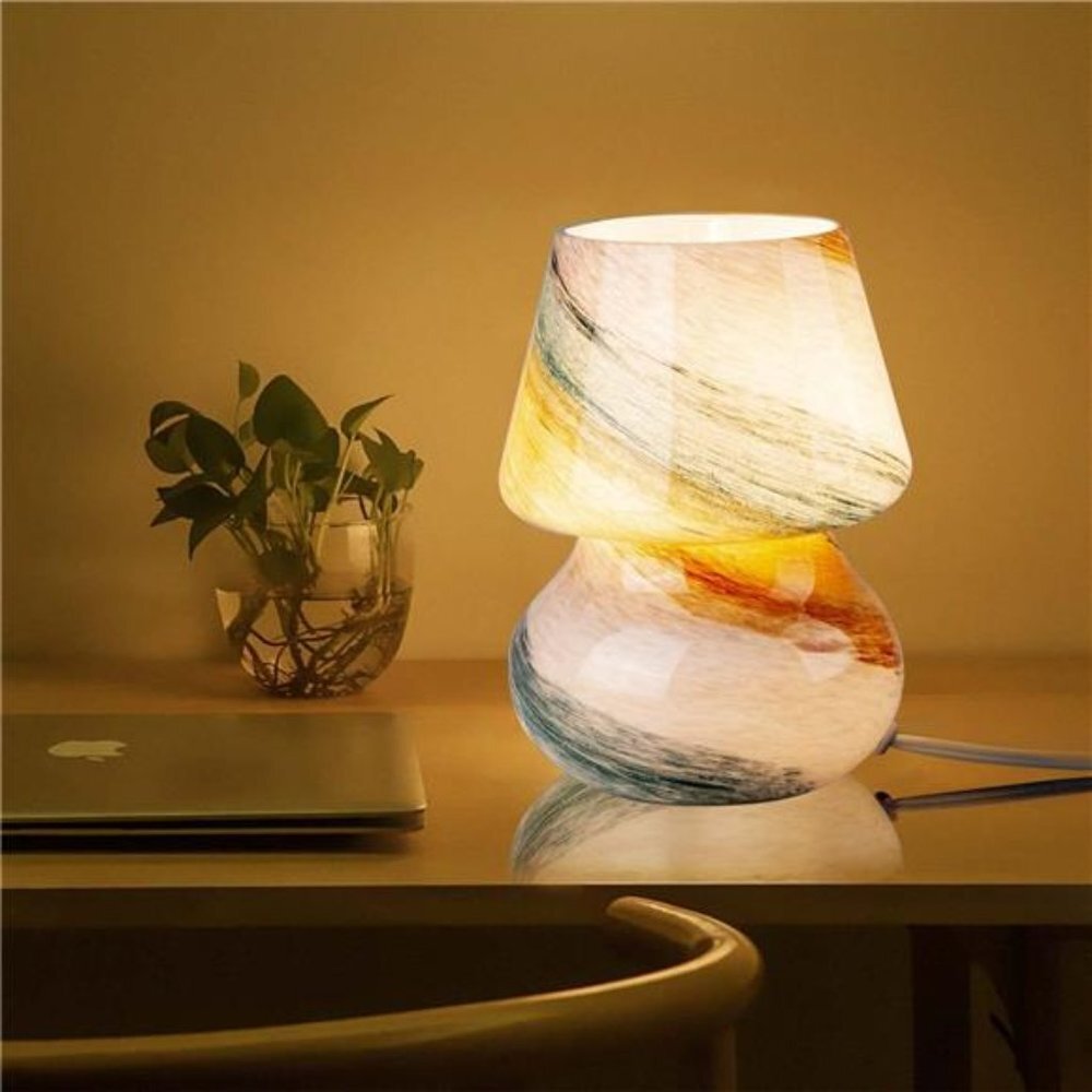 Mushroom Bedside Table Lamp,Glass LED Bedside Night Lamps, Desert Swirl Veins